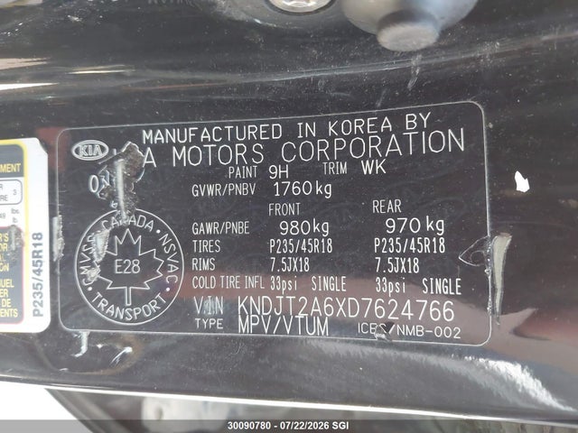 30090780 :رقم المزاد ، KNDJT2A6XD7624766 vin ، 2013 Kia Soul +/!/sport مزاد بيع