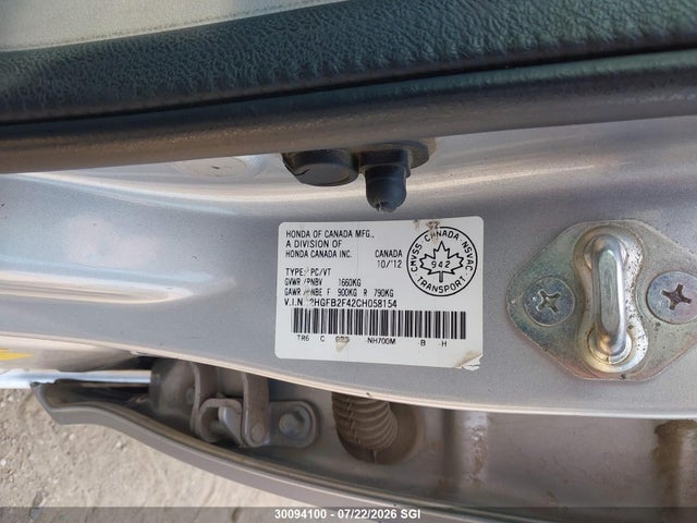2012 Honda Civic Lx მანქანა იყიდება აუქციონზე, vin: 2HGFB2F42CH058154, აუქციონის ნომერი: 30094100