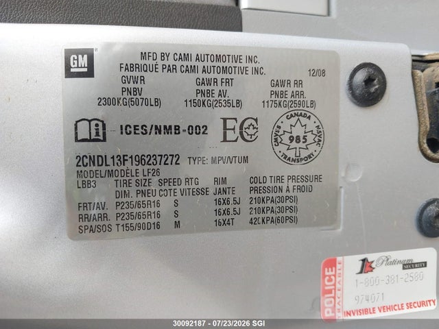 2009 Chevrolet Equinox Ls მანქანა იყიდება აუქციონზე, vin: 2CNDL13F196237272, აუქციონის ნომერი: 30092187