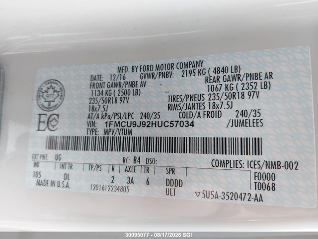 Продаж на аукціоні авто 2017 Ford Escape Titanium, vin: 1FMCU9J92HUC57034, номер лоту: 30095077