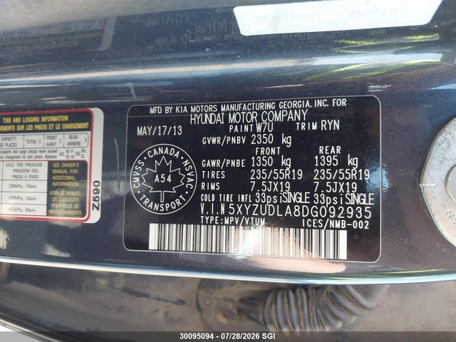 30095094 :رقم المزاد ، 5XYZUDLA8DG092935 vin ، 2013 Hyundai Santa Fe Sport مزاد بيع