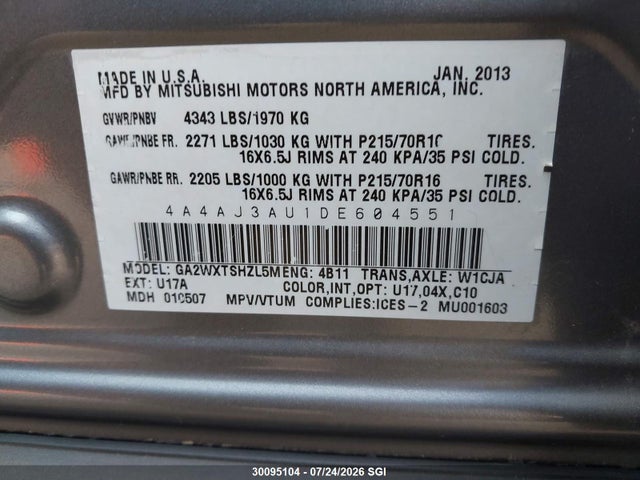 Aukcja sprzedaży 2013 Mitsubishi Rvr Se, vin: 4A4AJ3AU1DE604551, numer aukcji: 30095104