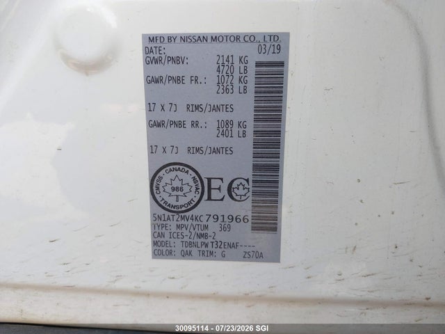 30095114 :رقم المزاد ، 5N1AT2MV4KC791966 vin ، 2019 Nissan Rogue S/sl/sv مزاد بيع