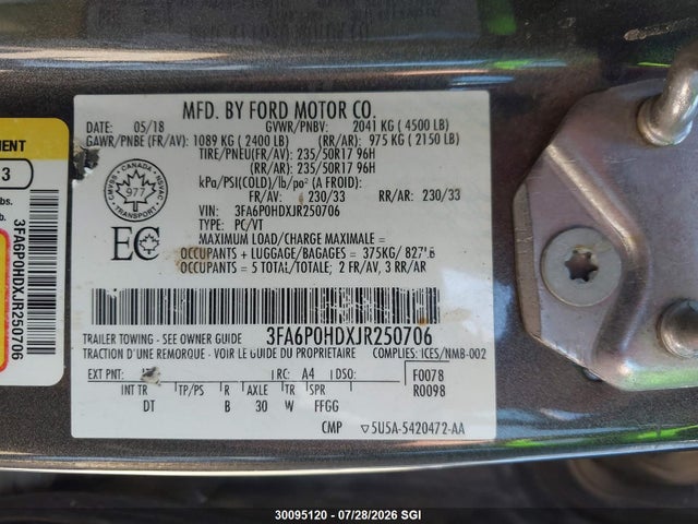 Продажа на аукционе авто 2018 Ford Fusion Se, vin: 3FA6P0HDXJR250706, номер лота: 30095120