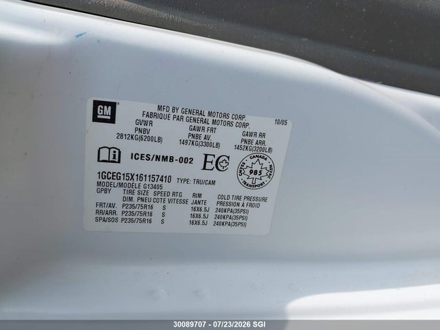 Aukcja sprzedaży 2006 Chevrolet Express G1500, vin: 1GCEG15X161157410, numer aukcji: 30089707