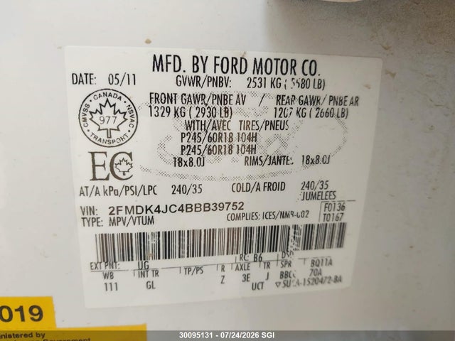 Aukcja sprzedaży 2011 Ford Edge Sel, vin: 2FMDK4JC4BBB39752, numer aukcji: 30095131