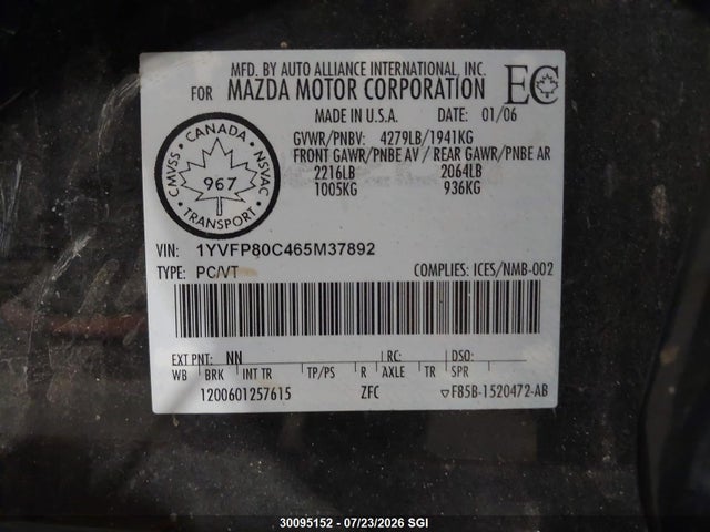 2006 Mazda 6 I მანქანა იყიდება აუქციონზე, vin: 1YVFP80C465M37892, აუქციონის ნომერი: 30095152