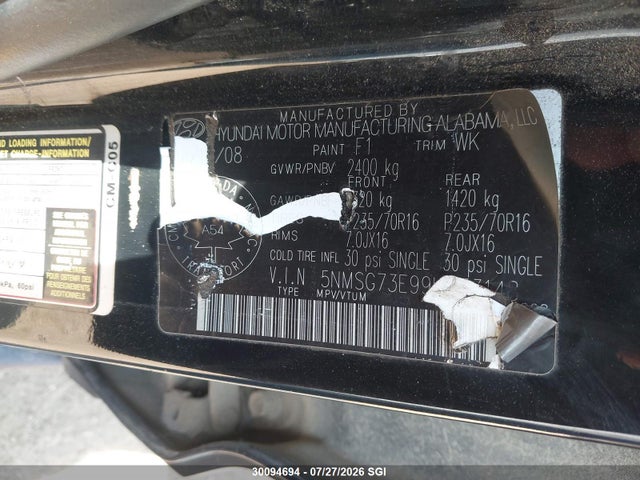 30094694 :رقم المزاد ، 5NMSG73E99H233148 vin ، 2009 Hyundai Santa Fe Gl مزاد بيع
