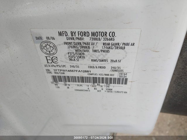 2007 Ford F150 Supercrew მანქანა იყიდება აუქციონზე, vin: 1FTPW14567FA12881, აუქციონის ნომერი: 30095172
