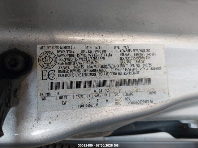 2012 Ford Focus Se მანქანა იყიდება აუქციონზე, vin: 1FAHP3F27CL180403, აუქციონის ნომერი: 30092480