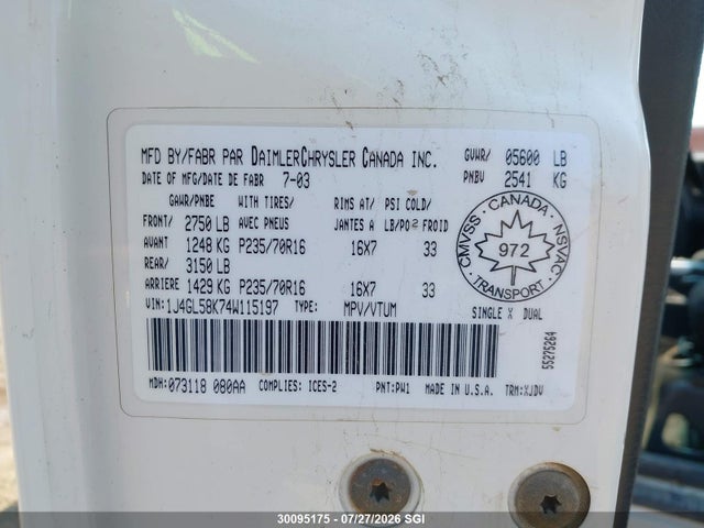 30095175 :رقم المزاد ، 1J4GL58K74W115197 vin ، 2004 Jeep Liberty Limited مزاد بيع