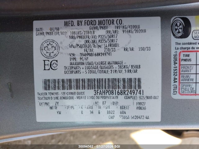 2008 Ford Fusion Sel მანქანა იყიდება აუქციონზე, vin: 3FAHP08168R249741, აუქციონის ნომერი: 30094562