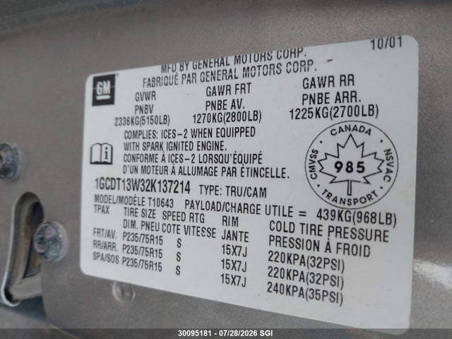 Aukcja sprzedaży 2002 Chevrolet S Truck S10, vin: 1GCDT13W32K137214, numer aukcji: 30095181