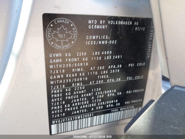 Продажа на аукционе авто 2013 Volkswagen Tiguan S/se/sel, vin: WVGJV7AX7DW520561, номер лота: 30093566