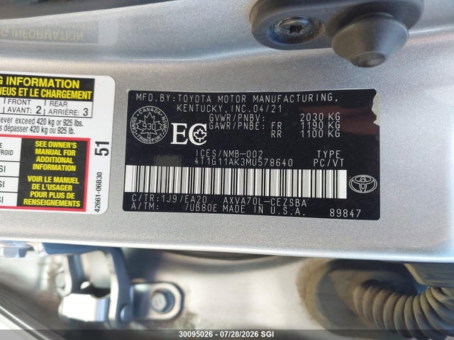 Продажа на аукционе авто 2021 Toyota Camry Se/se Night Shade, vin: 4T1G11AK3MU578640, номер лота: 30095026