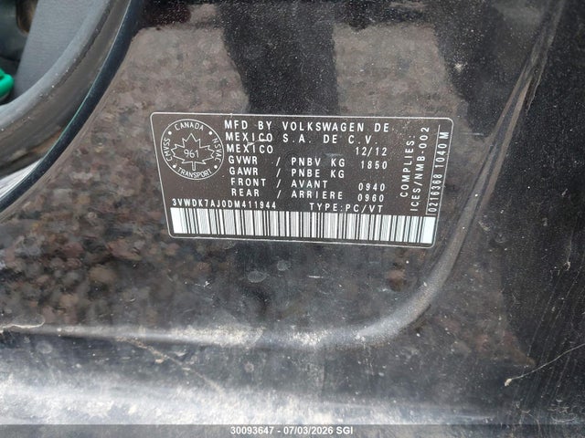 2013 Volkswagen Jetta Se მანქანა იყიდება აუქციონზე, vin: 3VWDK7AJ0DM411944, აუქციონის ნომერი: 30093647