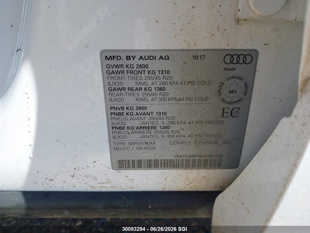 2018 Audi Sq5 Prestige მანქანა იყიდება აუქციონზე, vin: WA1C4AFY6J2081235, აუქციონის ნომერი: 30093294
