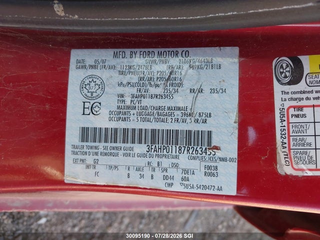 2007 Ford Fusion Se მანქანა იყიდება აუქციონზე, vin: 3FAHP01187R263455, აუქციონის ნომერი: 30095190