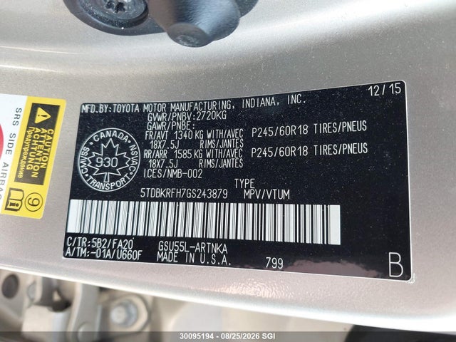 5TDBKRFH7GS243879 Toyota Highlander Le/le Plus