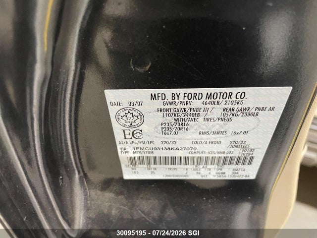 Продажа на аукционе авто 2008 Ford Escape Xlt, vin: 1FMCU93138KA27070, номер лота: 30095195