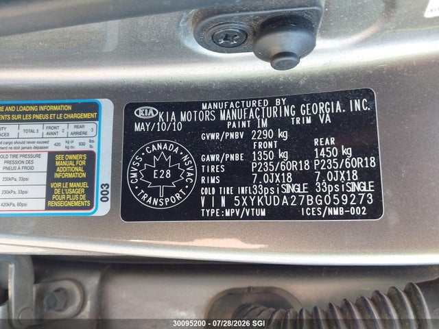 Продажа на аукционе авто 2011 Kia Sorento Ex, vin: 5XYKUDA27BG059273, номер лота: 30095200