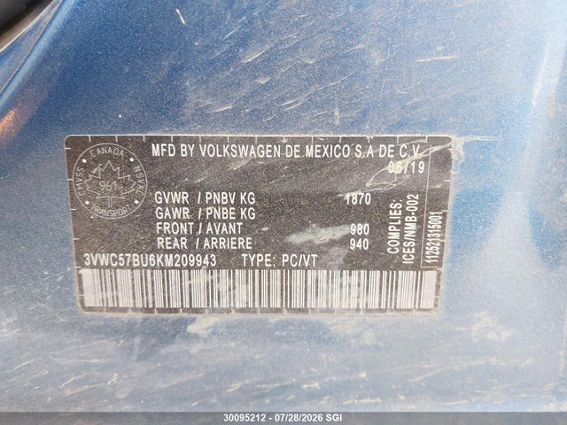 3VWC57BU6KM209943 Volkswagen Jetta S/se/r-line
