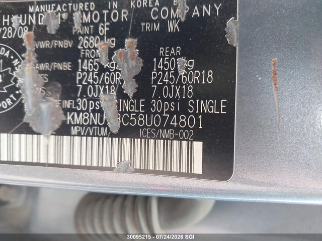 30095215 :رقم المزاد ، KM8NU73C58U074801 vin ، 2008 Hyundai Veracruz Gls/se/limited مزاد بيع