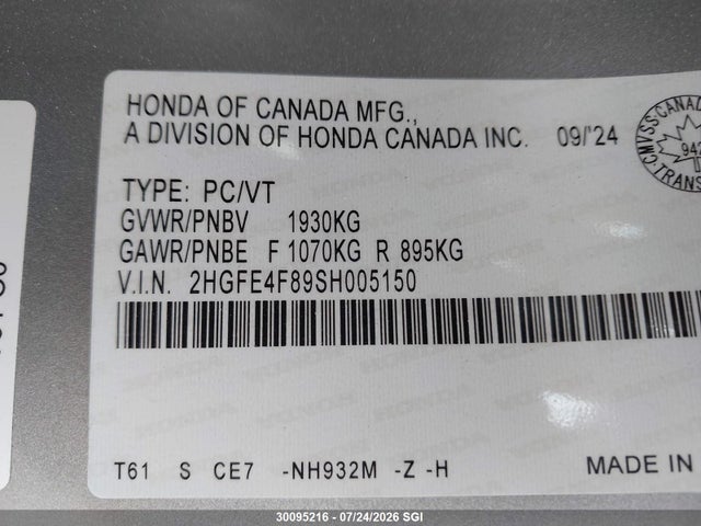 Продажа на аукционе авто 2025 Honda Civic Sport/sport Touring, vin: 2HGFE4F89SH005150, номер лота: 30095216