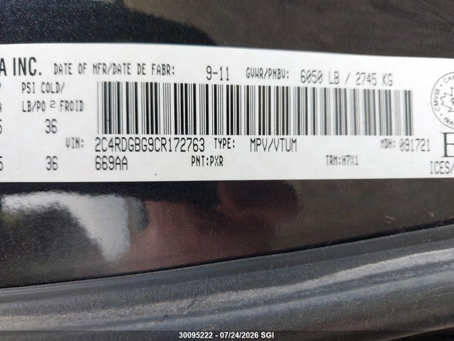 30095222 :رقم المزاد ، 2C4RDGBG9CR172763 vin ، 2012 Dodge Grand Caravan Se/sxt مزاد بيع