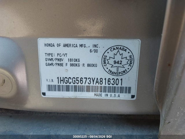 Продажа на аукционе авто 2000 Honda Accord Se, vin: 1HGCG5673YA816301, номер лота: 30095225