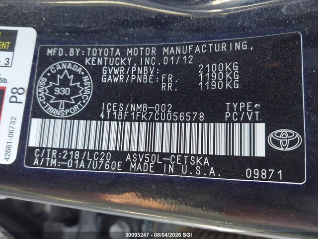 Aukcja sprzedaży 2012 Toyota Camry Se/le/xle, vin: 4T1BF1FK7CU056578, numer aukcji: 30095247