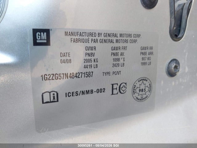 Auction sale of the 2008 Pontiac G6 Se, vin: 1G2ZG57N484271587, lot number: 30095261