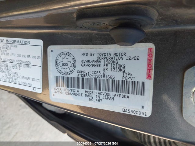 Продаж на аукціоні авто 2003 Toyota Camry Le/xle, vin: JTDBE32K330191685, номер лоту: 30094536