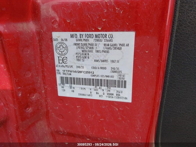 2008 Ford F150 Supercrew მანქანა იყიდება აუქციონზე, vin: 1FTPW14V28FC25912, აუქციონის ნომერი: 30095293