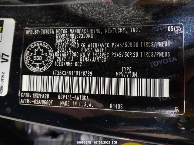 4T3BK3BB1FU118789 Toyota Venza Le/xle/limited