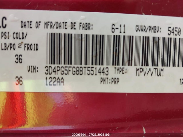 Продажа на аукционе авто 2011 Dodge Journey Sxt, vin: 3D4PG5FG8BT551443, номер лота: 30095304
