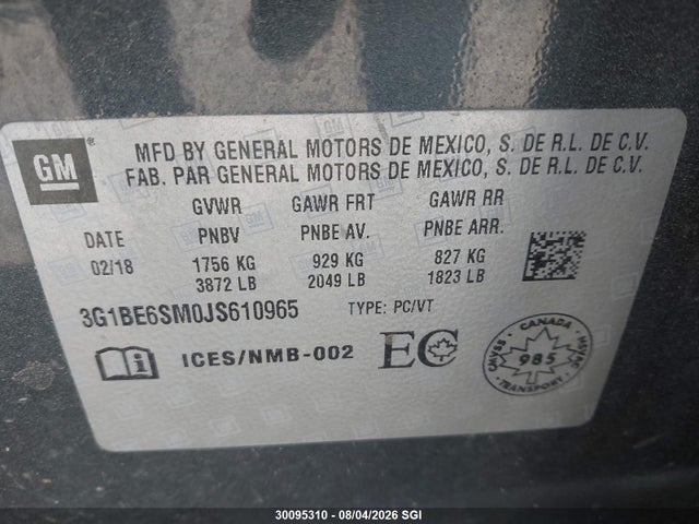 Продажа на аукционе авто 2018 Chevrolet Cruze Lt, vin: 3G1BE6SM0JS610965, номер лота: 30095310