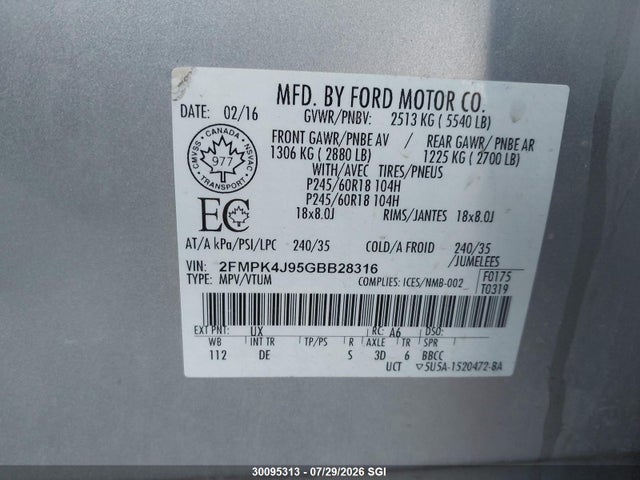 2016 Ford Edge Sel მანქანა იყიდება აუქციონზე, vin: 2FMPK4J95GBB28316, აუქციონის ნომერი: 30095313