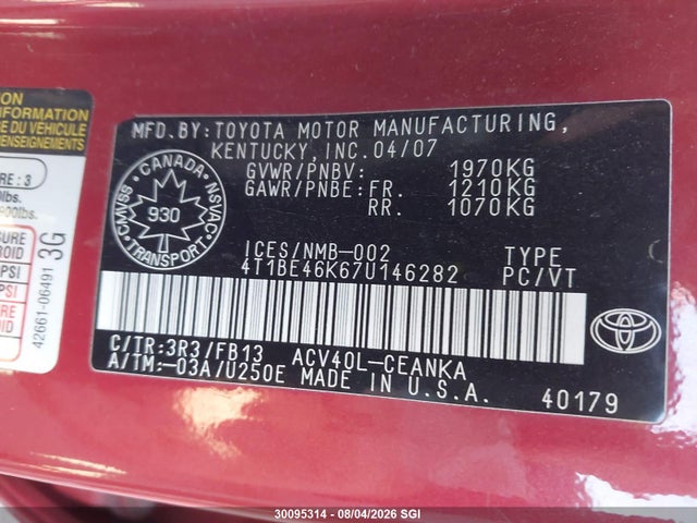 Aukcja sprzedaży 2007 Toyota Camry Ce/le/xle/se, vin: 4T1BE46K67U146282, numer aukcji: 30095314