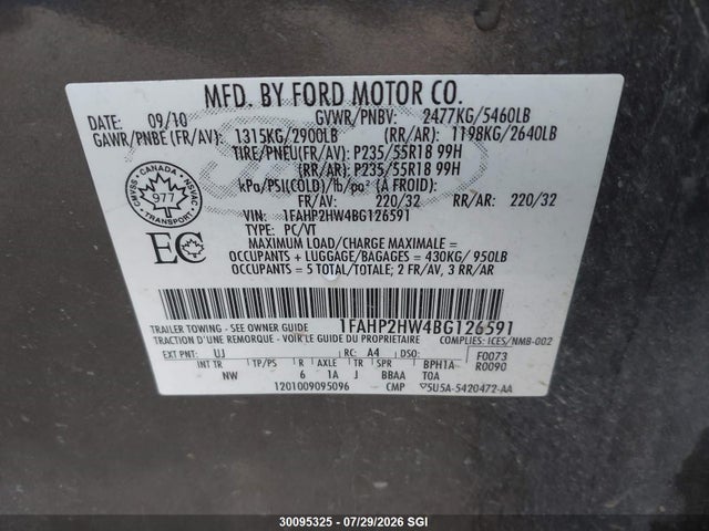 2011 Ford Taurus Sel მანქანა იყიდება აუქციონზე, vin: 1FAHP2HW4BG126591, აუქციონის ნომერი: 30095325