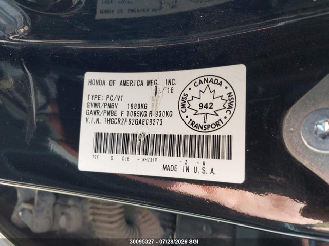 1HGCR2F62GA809273 Honda Accord Sport