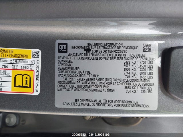 30095332 :رقم المزاد ، 1GKS2DKT5NR225720 vin ، 2022 Gmc Yukon Denali مزاد بيع