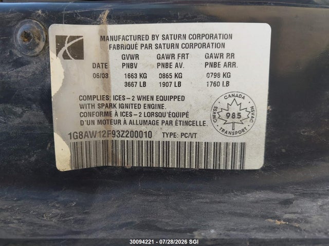 Продаж на аукціоні авто 2003 Saturn Ion Level 3, vin: 1G8AW12F93Z200010, номер лоту: 30094221