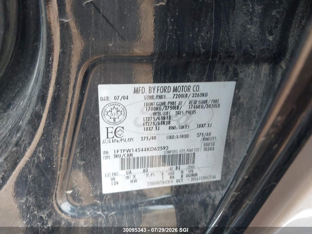 2004 Ford F150 Supercrew მანქანა იყიდება აუქციონზე, vin: 1FTPW14544KD62593, აუქციონის ნომერი: 30095343