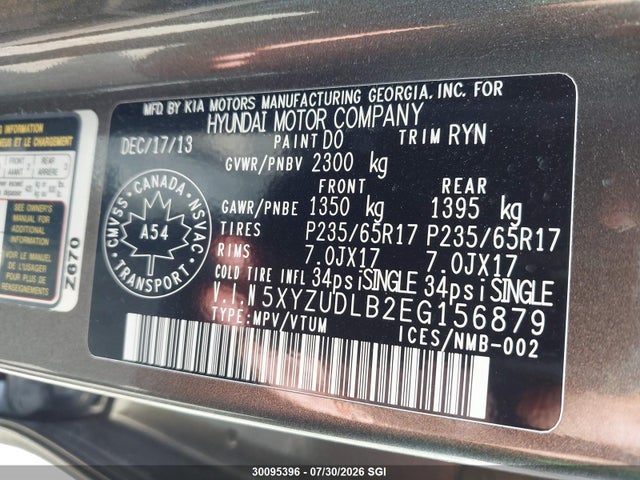 30095396 :رقم المزاد ، 5XYZUDLB2EG156879 vin ، 2014 Hyundai Santa Fe Sport مزاد بيع