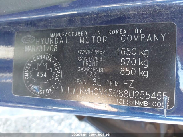 2008 Hyundai Accent Gls მანქანა იყიდება აუქციონზე, vin: KMHCN45C88U255455, აუქციონის ნომერი: 30095399