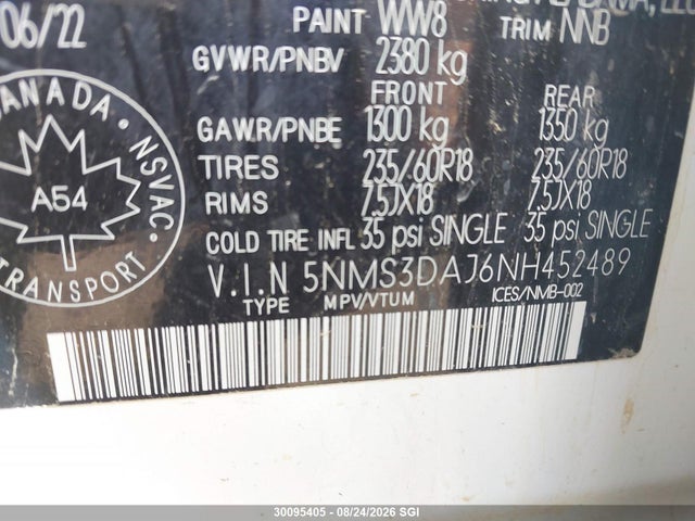 5NMS3DAJ6NH452489 Hyundai Santa Fe Sel