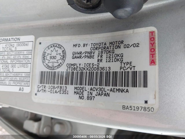 Aukcja sprzedaży 2002 Toyota Camry Le/xle, vin: JTDBE32KX20083613, numer aukcji: 30095406