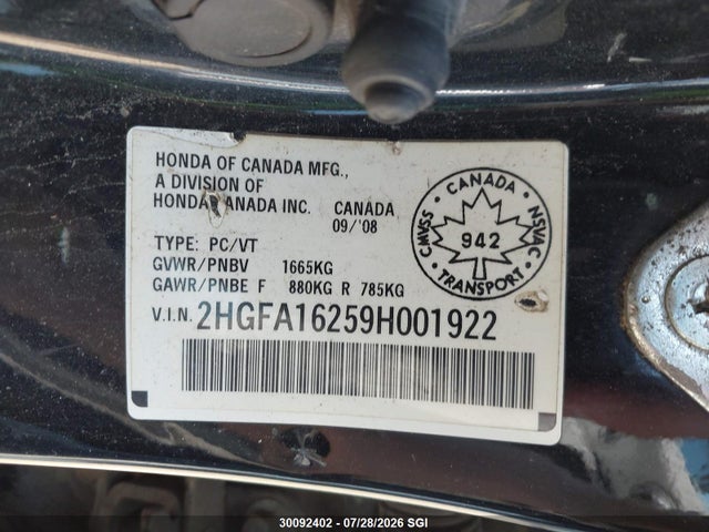 2009 Honda Civic Dx მანქანა იყიდება აუქციონზე, vin: 2HGFA16259H001922, აუქციონის ნომერი: 30092402
