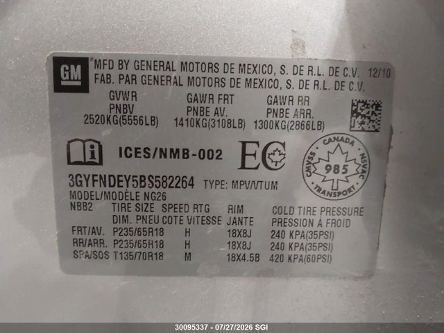 30095337 :رقم المزاد ، 3GYFNDEY5BS582264 vin ، 2011 Cadillac Srx Luxury Collection مزاد بيع